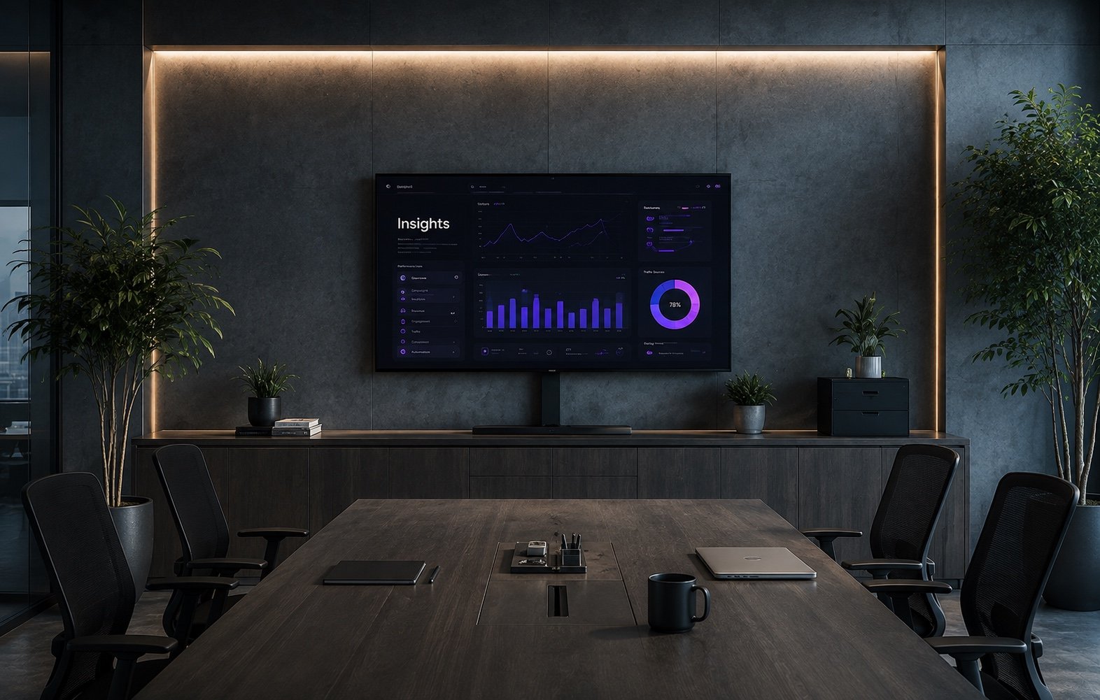 Sala de juntas de INsights con dashboard ejecutivo en pantalla
